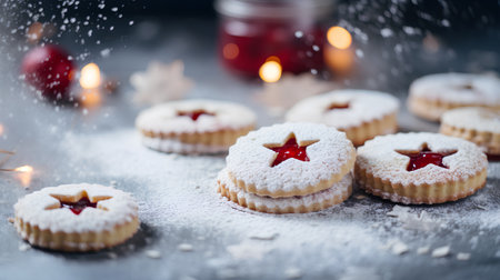 Christmas Linzer Cookies with Red Biscuits and Snow Flakesの素材