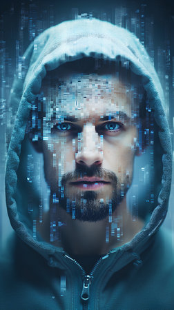 Portrait of a man in a hood against a futuristic background.の素材