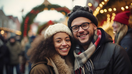 Couple on Christmas market in Berlin, Germany. Smiling young man and woman looking at camera.の素材