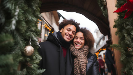 Portrait of a happy young couple in love embracing and smiling on Christmas market.の素材