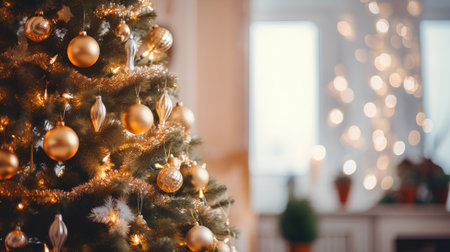 Beautiful decorated Christmas tree with golden baubles and bokeh lightsの素材