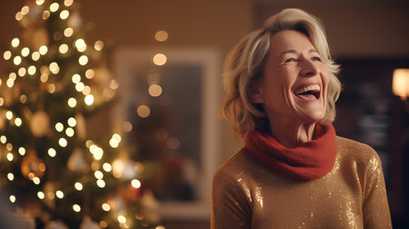 Portrait of senior woman laughing in front of christmas tree at homeの素材