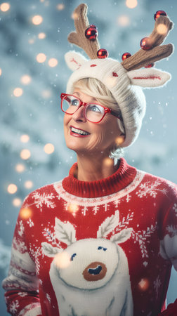 Happy senior woman in Christmas sweater and eyeglasses with reindeer antlersの素材
