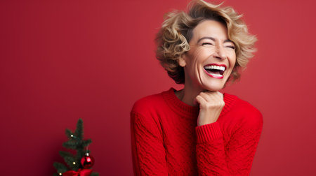 Merry Christmas and Happy New Year! Portrait of smiling senior woman in red sweater on red background.の素材