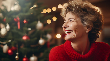 Portrait of smiling senior woman at home with Christmas tree in backgroundの素材