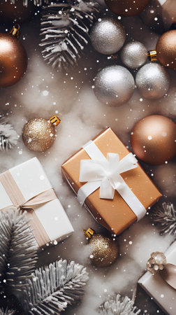 Christmas background. Gifts, Christmas tree branches, snowflakes. Flat lay, top viewの素材