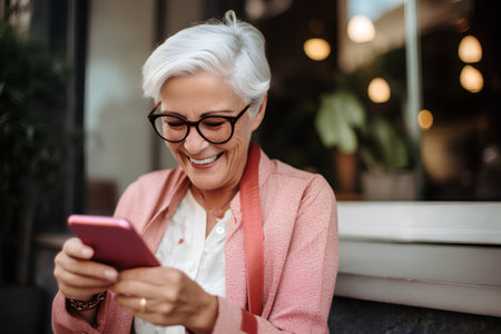 Smiling senior woman in eyeglasses using smartphone while sitting in cafeの素材