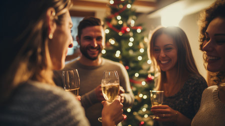 Group of friends clinking glasses of champagne and celebrating Christmas at homeの素材