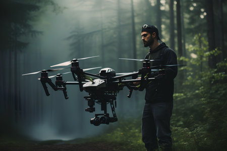 Man with drone flying in the misty forest. Flying drone.の素材