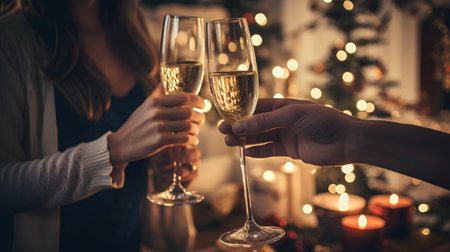 Cropped image of two female friends clinking glasses of champagne at christmas partyの素材