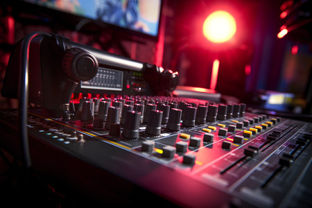 Professional audio mixer in nightclub, close-up view. 3d renderingの素材