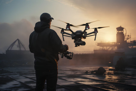 Silhouette of a man operating a drone on the background of the city.の素材