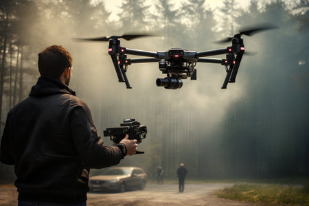 drone with digital camera on the background of the forest and fogの素材