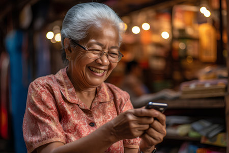 Asian senior woman using mobile phone in a coffee shop in Thailand.の素材
