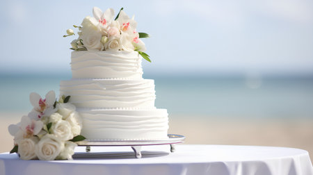 Wedding cake with flowers on the table on the background of the seaの素材
