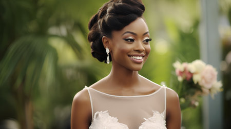 Beautiful african american bride in wedding dress with bridal hairstyleの素材