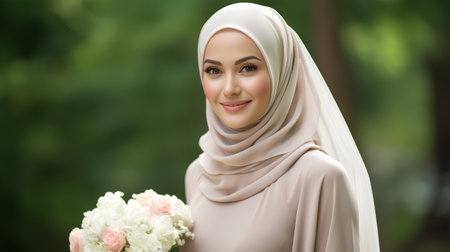 Portrait of a beautiful muslim woman with bridal bouquetの素材