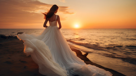 Beautiful bride in wedding dress on the beach at sunset. Wedding conceptの素材