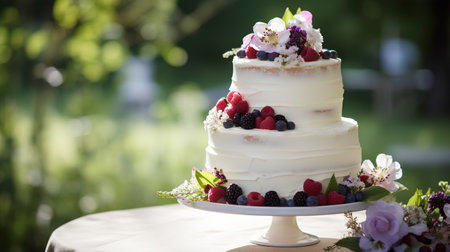 Wedding cake with fresh berries on a table in the gardenの素材