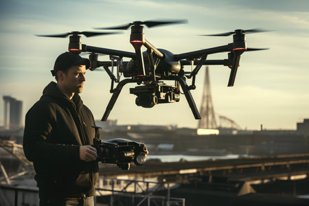 Man operating a drone on a city street at sunset with a blurred backgroundの素材