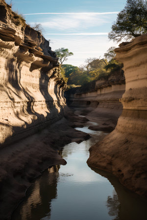 Beautiful sandstone cliffs with trees and river in the background.の素材