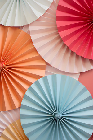 Paper fans background. 3d vector illustration. Colorful paper fans.の素材