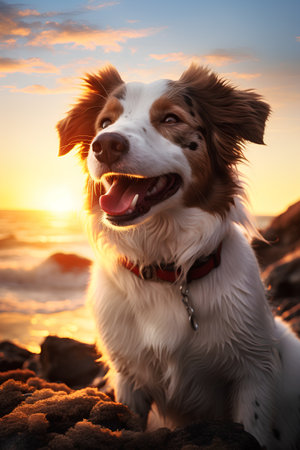 Portrait of a beautiful Australian Shepherd dog sitting on the beach at sunsetの素材