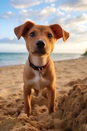 Jack russell terrier puppy on the beach at sunset.の素材