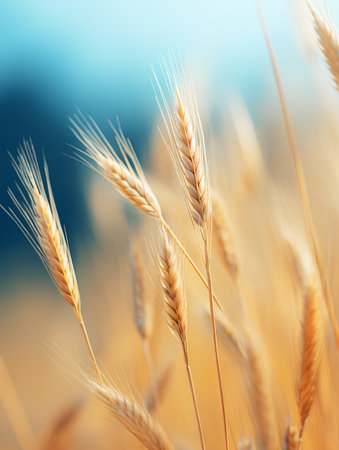 Ears of golden wheat close-up on blurred background, shallow depth of fieldの素材