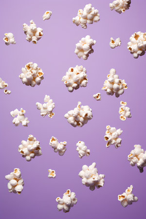 Popcorn on a purple background. Seamless pattern with popcorn.の素材