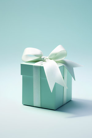 Green gift box with a bow on blue background. 3d renderingの素材