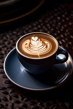 Coffee cup with latte art on coffee beans background.の素材