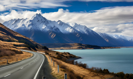 Road to Mount Cook, South Island, New Zealand. The concept of active and photo tourismの素材