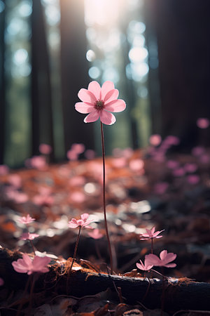 Beautiful spring flowers blooming in the forest. Nature background.の素材