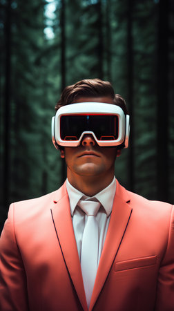 Portrait of a handsome young African American man in a red suit and vr glasses.の素材