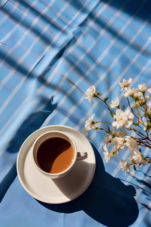 Cup of coffee and white flowers on a blue checkered tableclothの素材