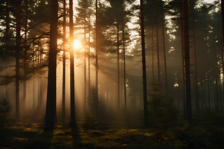 Foggy pine forest at sunrise with rays of light passing throughの素材