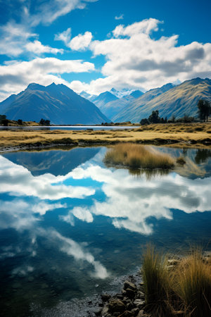 Natural landscape of New Zealand alps and lake with reflection in waterの素材