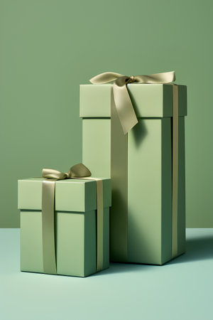 Two green gift boxes with golden ribbons on green background. 3d renderの素材