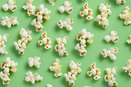 Popcorn pattern on green background. Popcorn background. Flat lay, top viewの素材