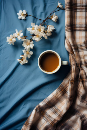 Cup of coffee, plaid and spring flowers on a blue backgroundの素材