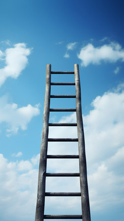 Wooden ladder on blue sky with clouds. 3d illustration.の素材