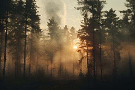 Foggy morning in the pine forest. 3D Renderingの素材