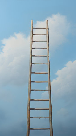 Ladder on blue sky with clouds. 3d render illustration.の素材