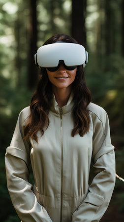 Smiling woman wearing virtual reality headset in the forest on a sunny dayの素材