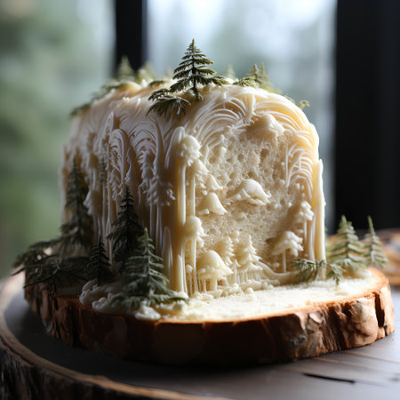 Christmas cake with white frosting and fir tree branch on wooden tableの素材