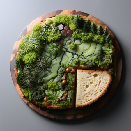 Cake with moss on a wooden board. 3d illustration.の素材