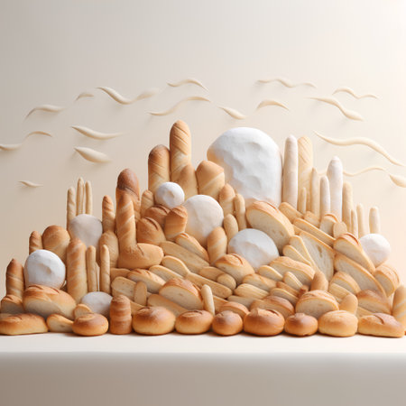 Bread background. Baguettes, croissants, baguettes, s'mores and marshmallowsの素材