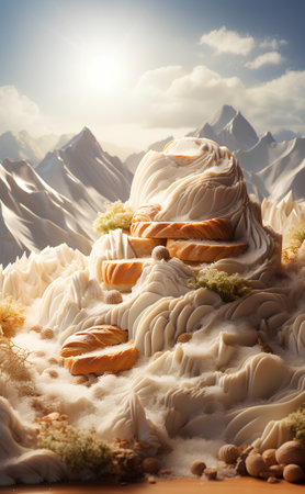 3d illustration of a desert with bread and nuts on the background of mountainsの素材