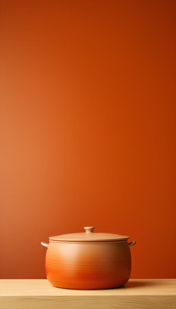 Empty ceramic pot on wooden table over orange wall. 3d renderの素材